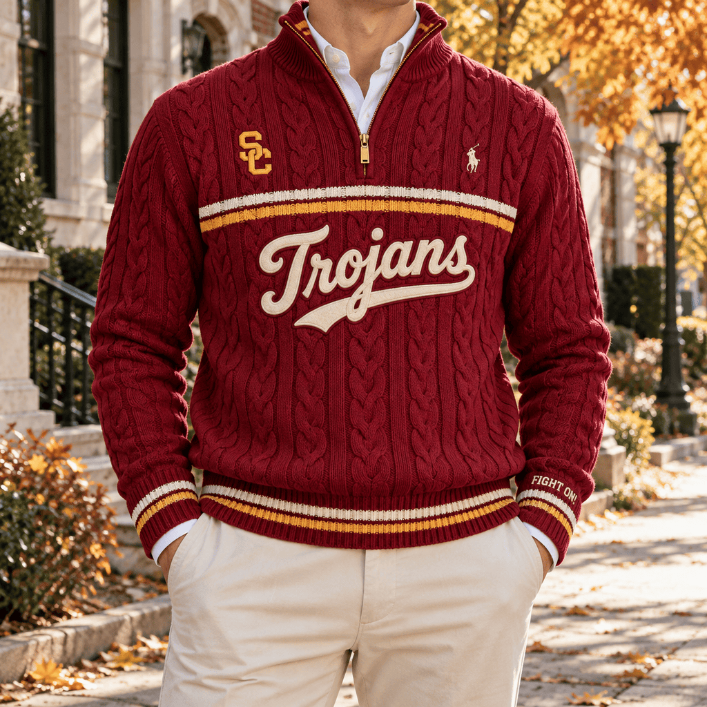 USC Premium Varsity Cable-Knit Quarter-Zip Sweater NHVH