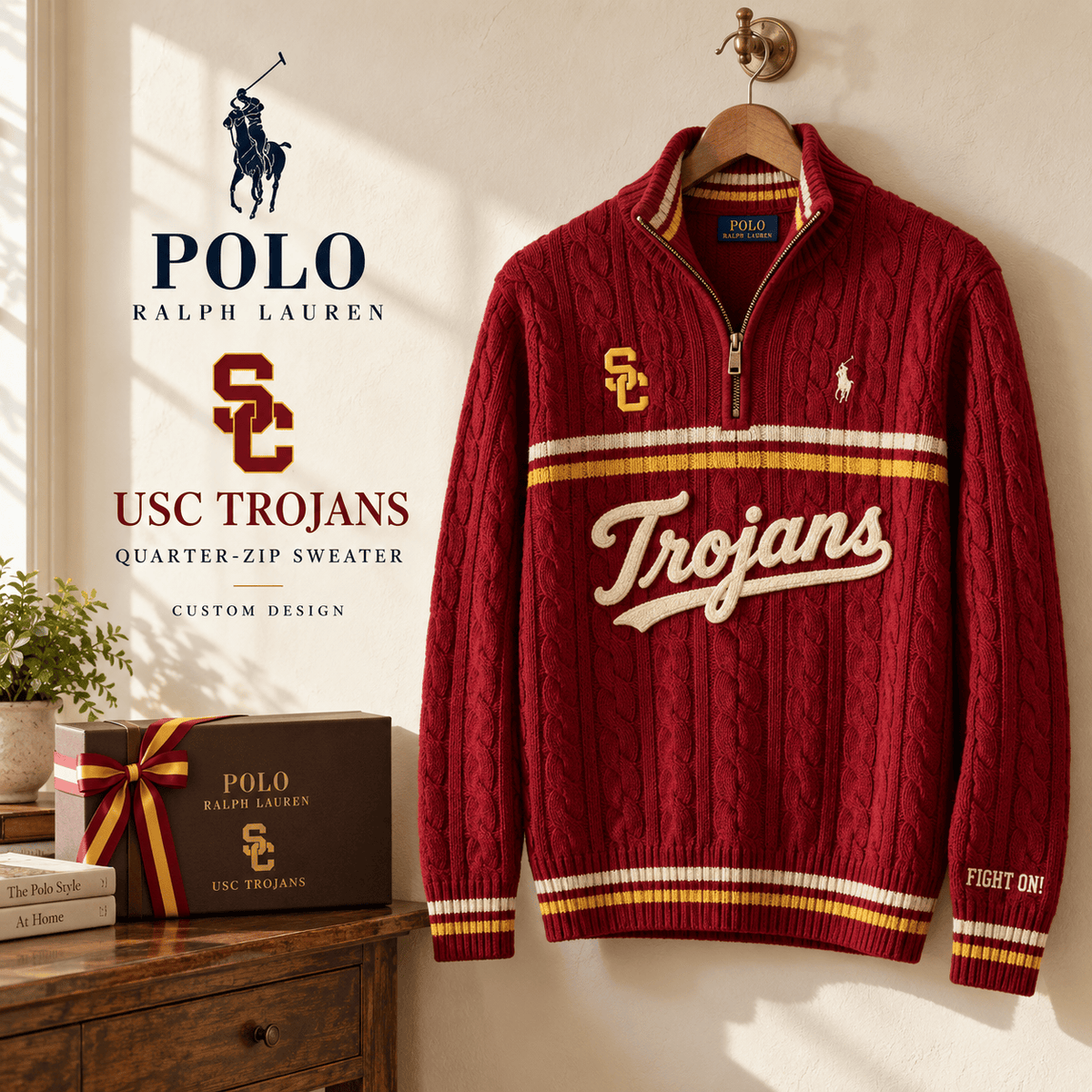 USC Premium Varsity Cable-Knit Quarter-Zip Sweater NHVH