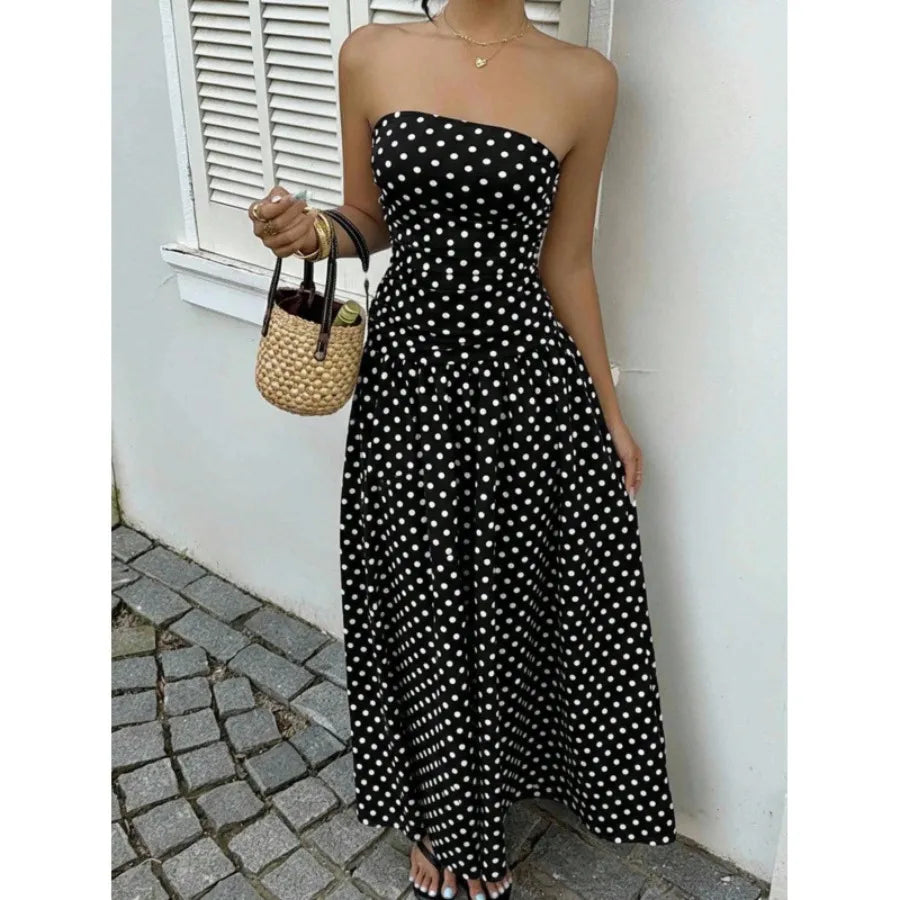 2026 - European and American spring and autumn   vacation style temperament slimming polka dot tube top jumpsuit cake skirt lon