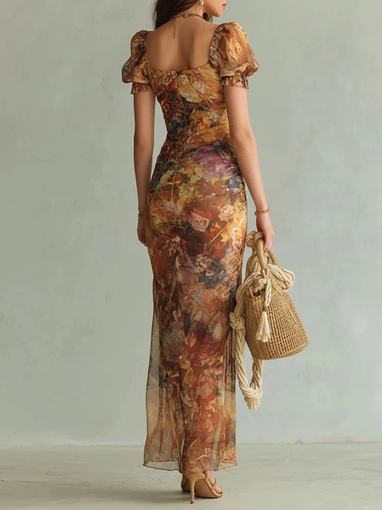 High Slit Elegant Fashion Maxi Dress, Women Spring Summer Square Collar Retro Party Dress, 2026 Short Sleeve Print Ladies Dress