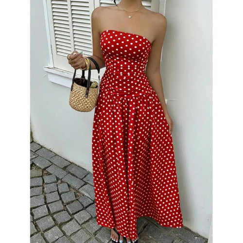 2026 - European and American spring and autumn   vacation style temperament slimming polka dot tube top jumpsuit cake skirt lon