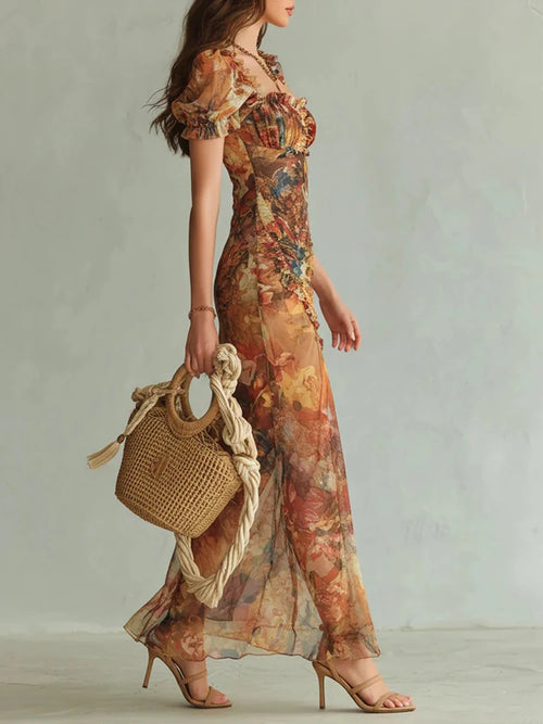 High Slit Elegant Fashion Maxi Dress, Women Spring Summer Square Collar Retro Party Dress, 2026 Short Sleeve Print Ladies Dress