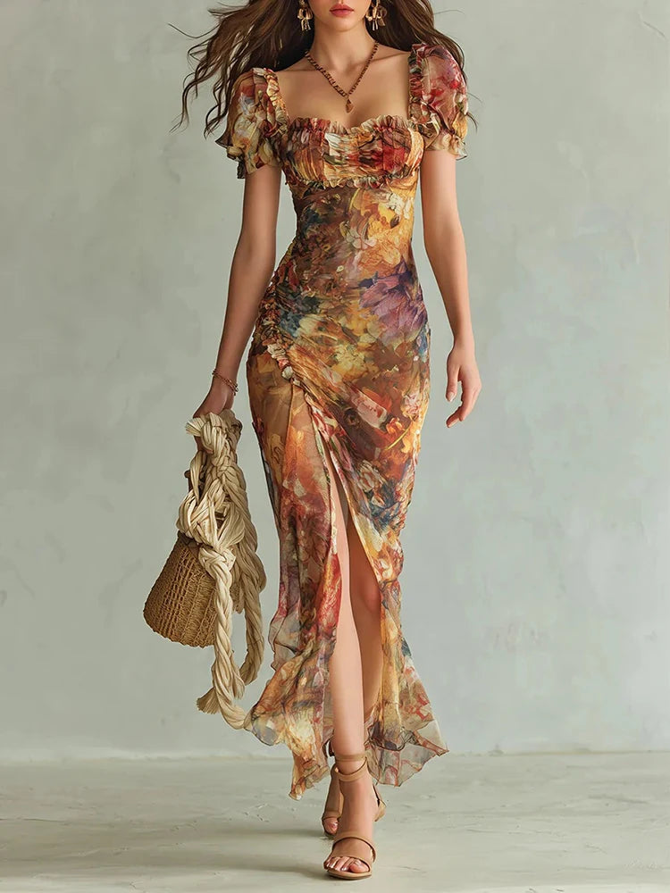 High Slit Elegant Fashion Maxi Dress, Women Spring Summer Square Collar Retro Party Dress, 2026 Short Sleeve Print Ladies Dress